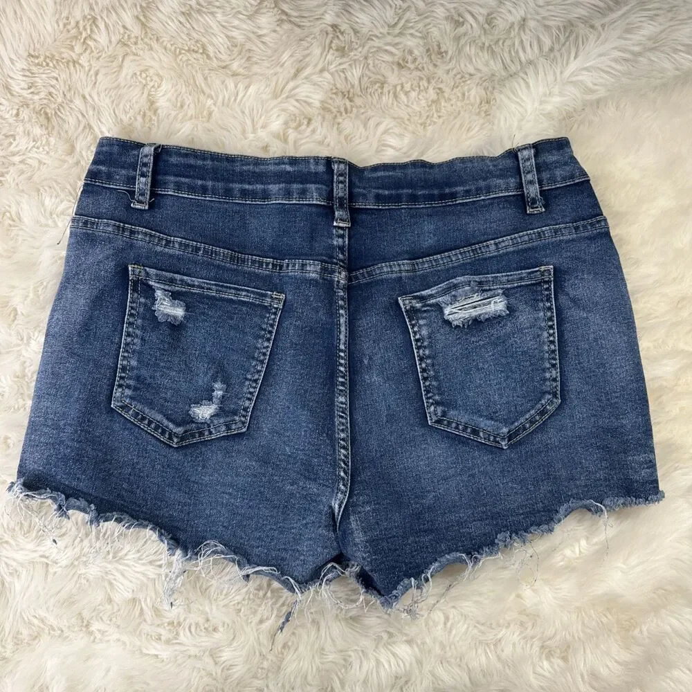 Shein Denim Shorts L (W30 Inseam 2) Blue Distressed Raw Hem Stretch Womens